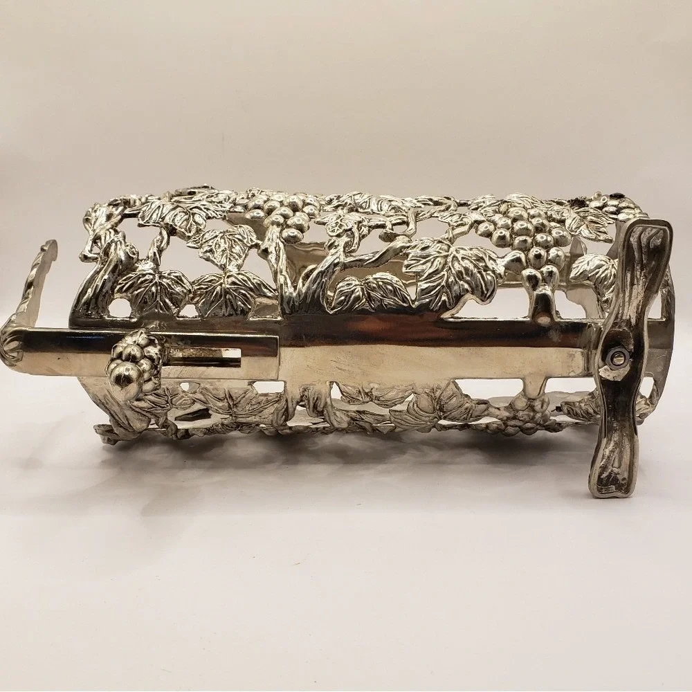 Vintage Silver Tone Grape Vine Wine‎ Bottle Cradle Pourer Ornate Repousse Decor